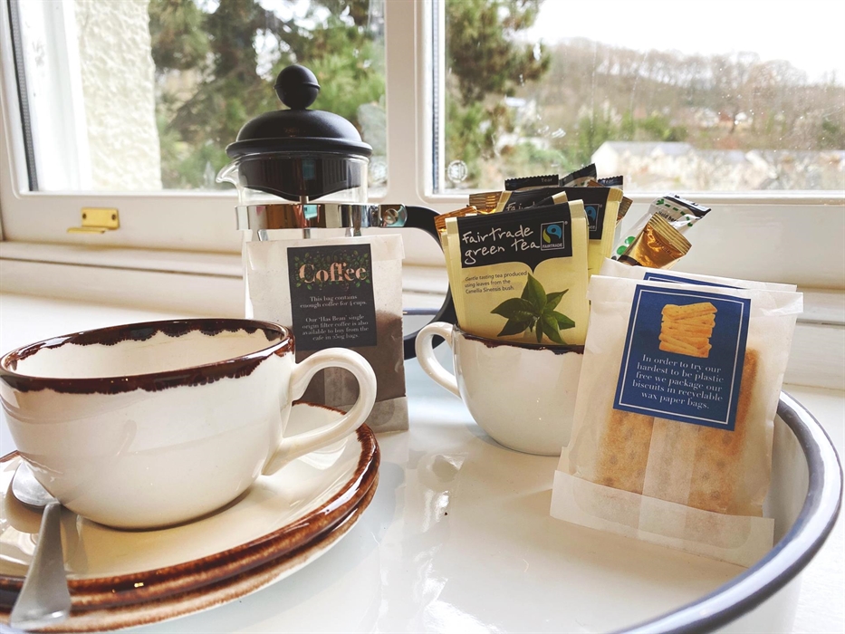 Inside each room we offer coffee, tea and biscuits. We have an emphasis on being plastic free and not single use so all our coffee and biscuits are wr