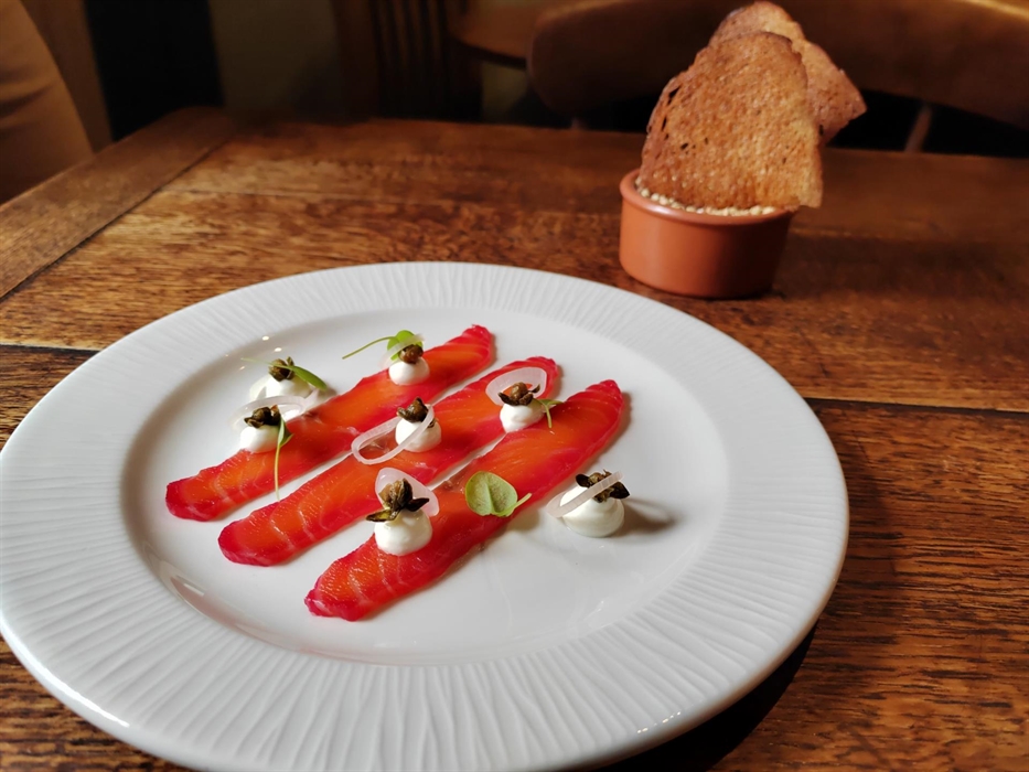 Salmon cured in beetroot, yogurt, crispy capers, pickled shallots, sourdough crostini