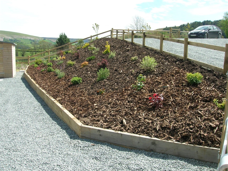 The shrubs are planted close to Woodland Lodge near to a large enclosed lawn.