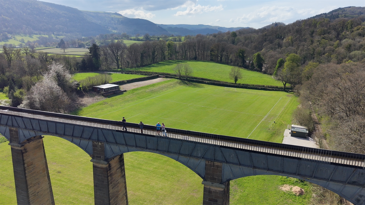 Tour guide on Pontcysyllte Aqueduct near Llangollen in North Wales overlooking the Dee Valley