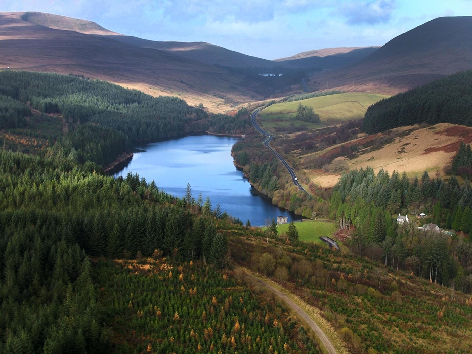 A view of the reservoir and valley from Garwnant cabins.