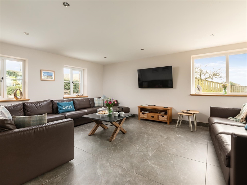 Corner sofa, 55” Smart TV, log burner with sea views.