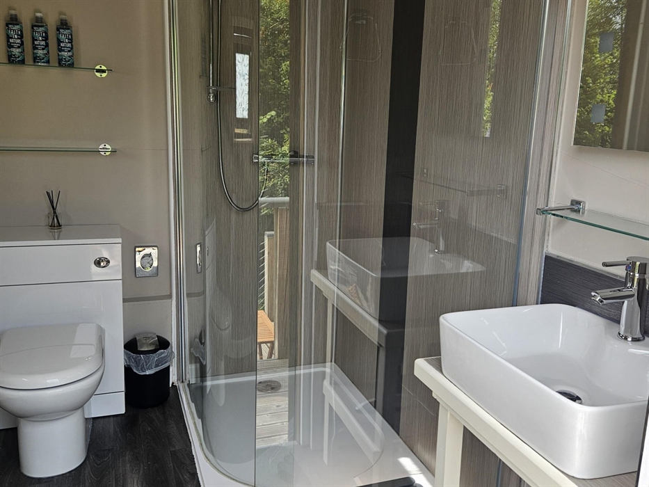 Glass shower cubicle, white toilet, mirror with a glass shelf above the white basin, glass shelves above the toilet with Faith in Nature toiletries. G