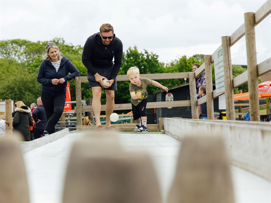 A Father and Son playing skittles whilst the mother watches on smiling.