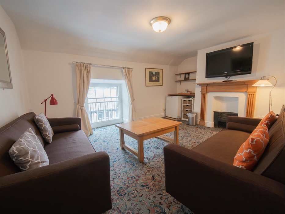 living room with 2 sofas, coffee table, fire place and tv