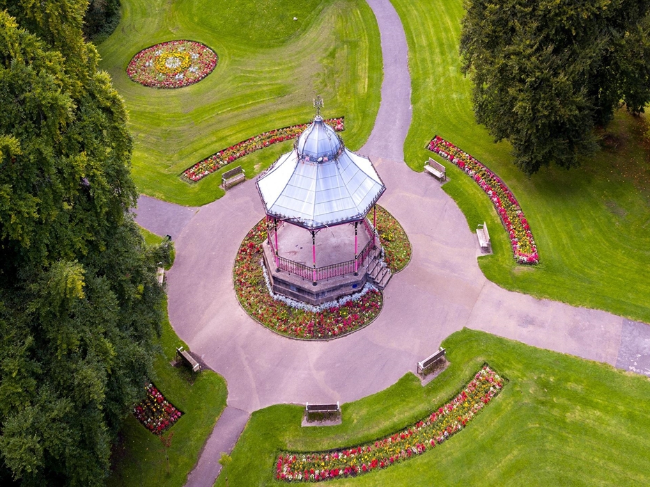 An aerial shot of the band stand where concerts are held during the summer.