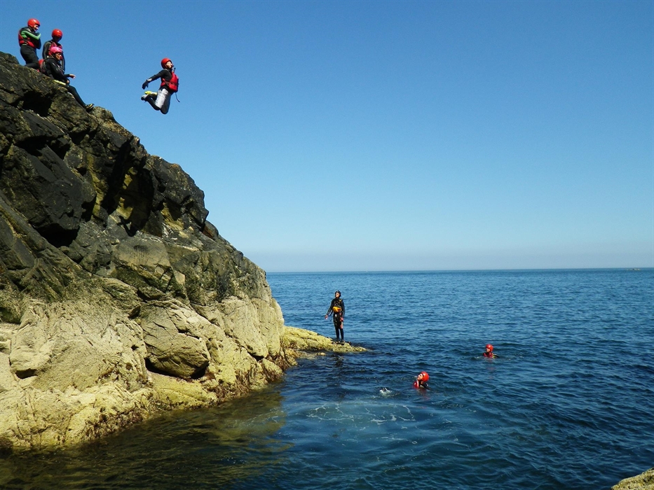 Cliff jumping with Celtic Quest Coasteering in Pembrokeshire West Wales. Jumps range from zero to a butterfly inducing 10metres!
