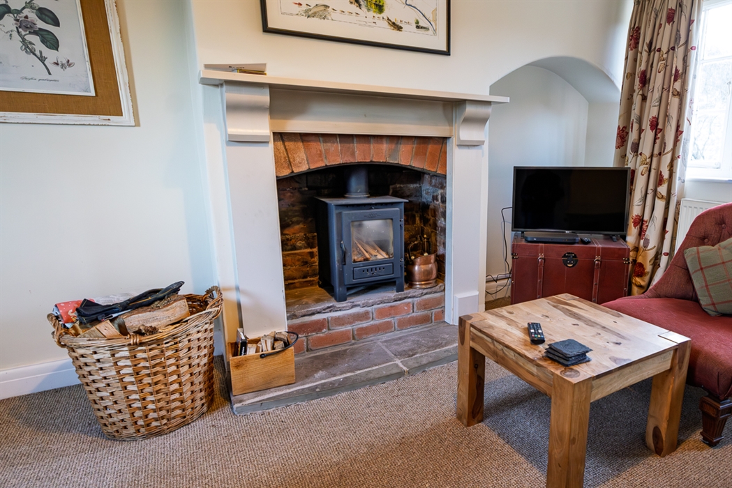 cosy fire place in the library cottage