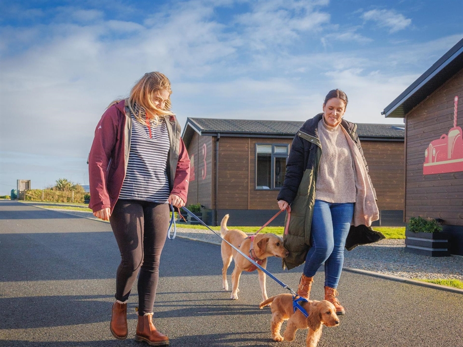 Two ladies walking their dogs past the pet friendly holiday lodge.