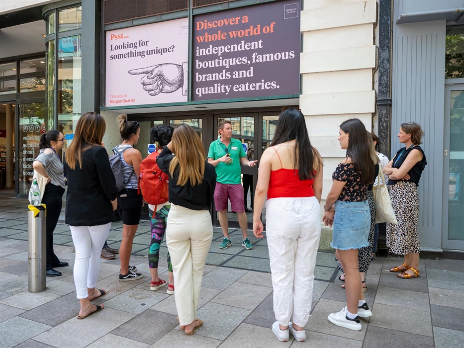 Cardiff city walking tour group on The Hayes in central Cardiff