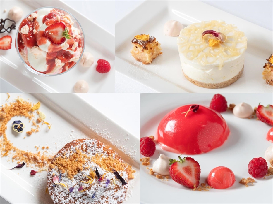 Indulge in our delectable desserts: decadent Eton Mess with locally sourced strawberries, warm apple cake with fudge crumb, zesty lemon cheesecake, an
