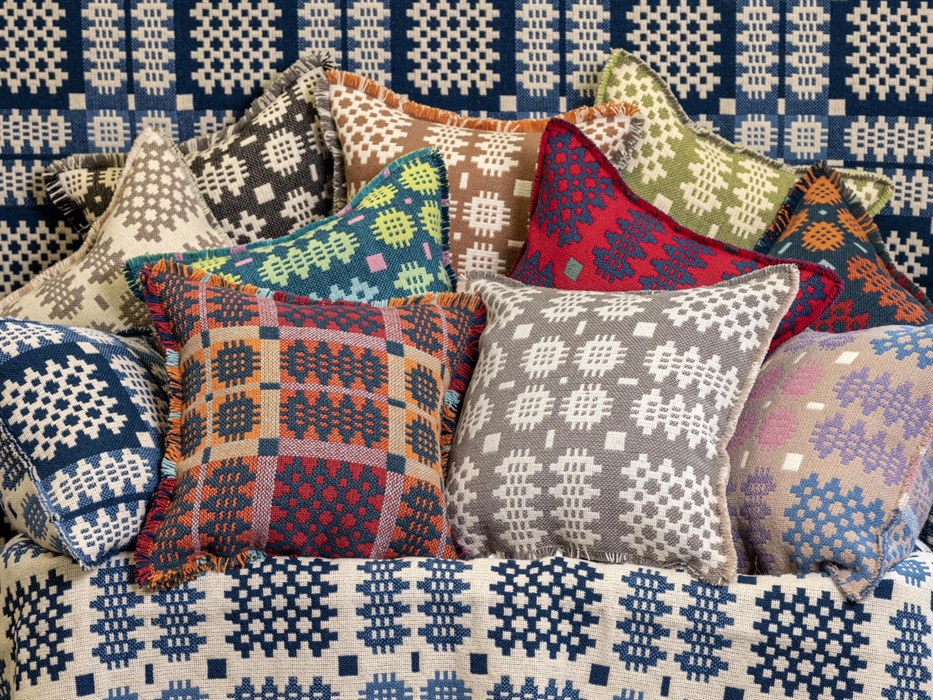 Welsh tapestry cushion covers made up from bedspreads woven at Trefriw Woollen Mills