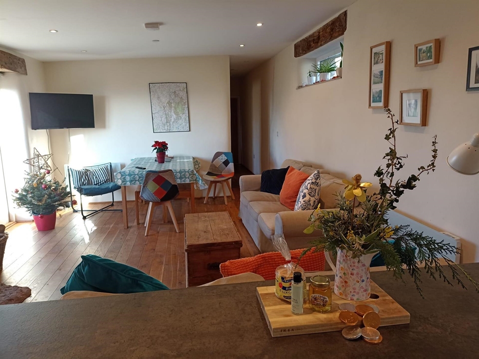 Lounge and dining area with wood burning stove
