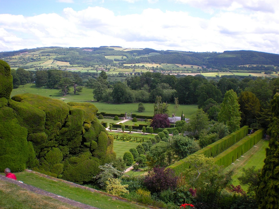 Powys Castle gardens, mountains in background, Wales