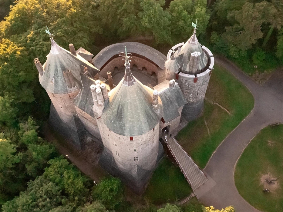 Ariel view of Castell Coch, the Red Castle