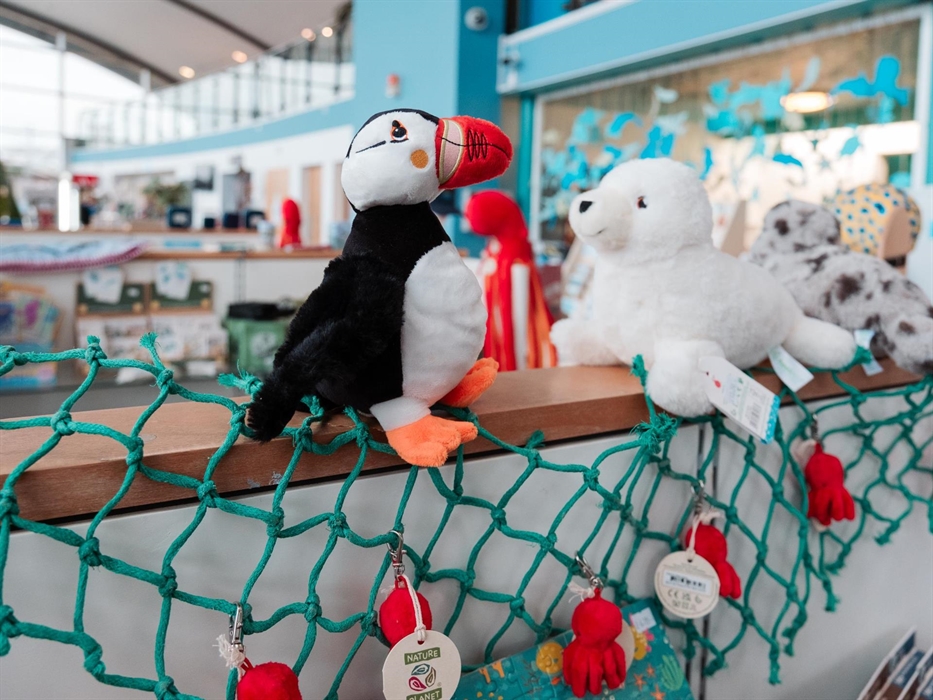 Cute and cuddly puffin and baby seal stuffed toys perched ontop of display shelves.