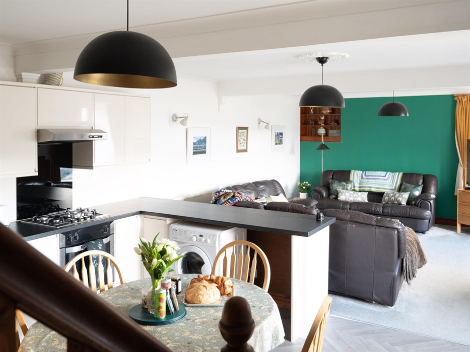 Open plan kitchen diner in Snowdonia holiday cottage with views