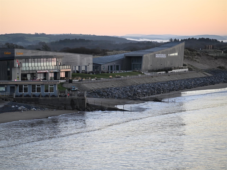 View of the Museum of Land Speed and Caban overlooking Pendine Sands on a spring morning