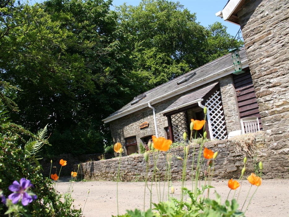 Stone cottage surrounded by lush greenery and colourful wildflowers under a blue sky.