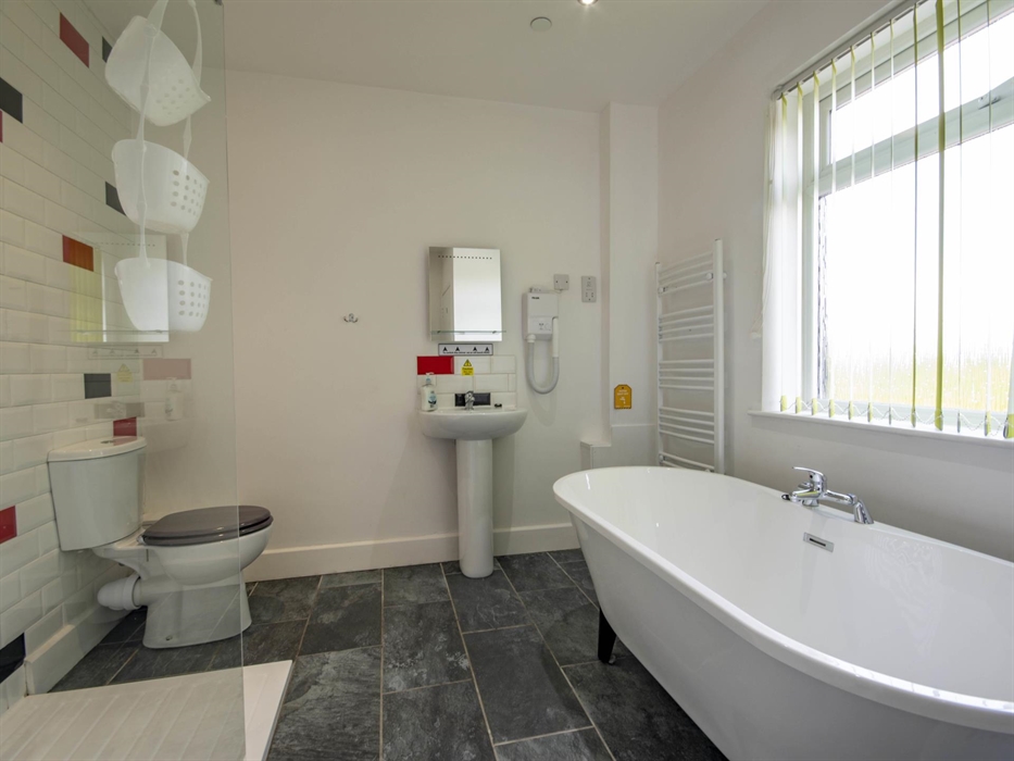 Welsh Row House Large walk-in rainfall shower.  Free standing Bath.  Toilet, Sink, Hair dryer, electric Mirror. Tiled Walls and floor.