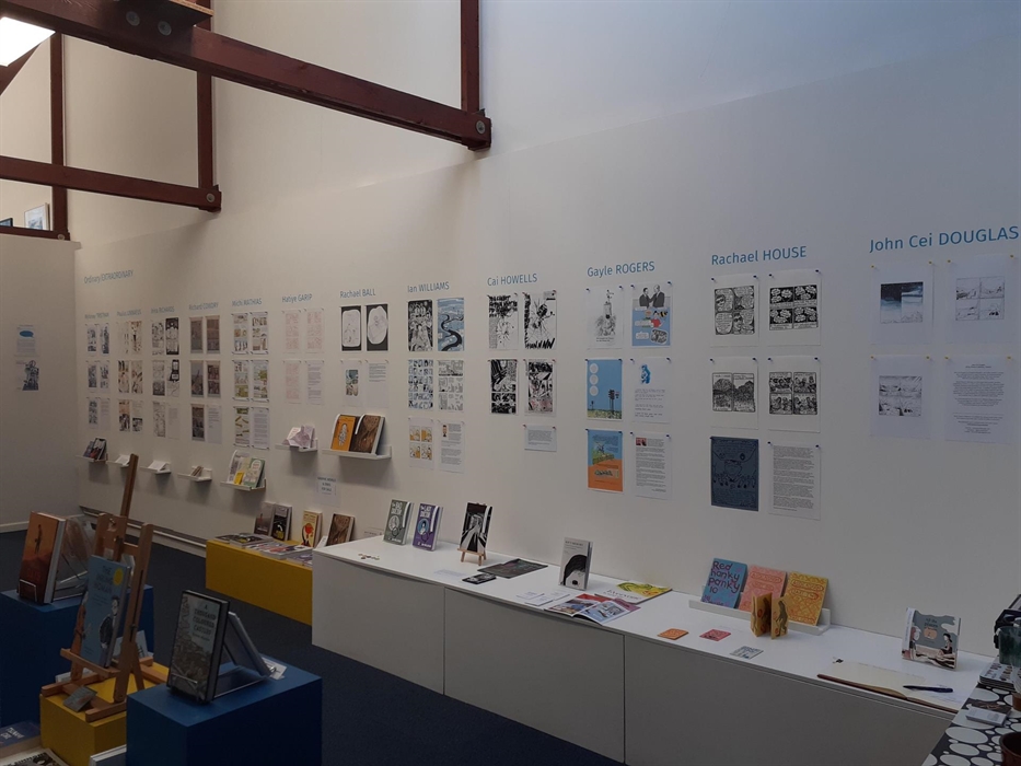 Gallery interior showing 1 long wall with artwork displayed uniformly under headings of artist names. Below on plinths and shelves are zines and books
