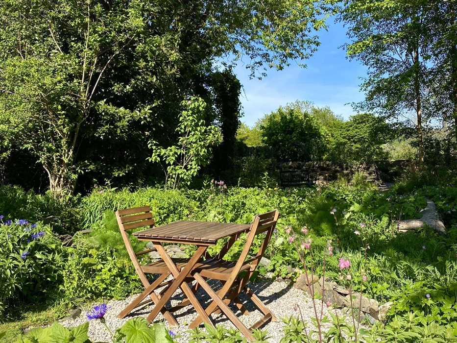 A table set amongst plants and flowers in the garden at Crafnant House