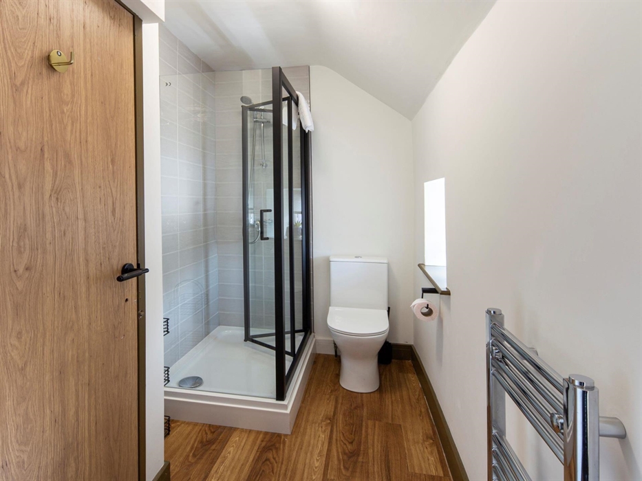 shower and toilet in bathroom