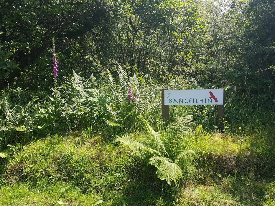 Banceithin Holiday Cottages sign at the entrance to the driveway off the lane