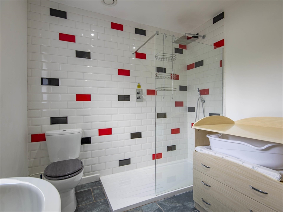 Welsh Row House Large walk-in rainfall shower.  Baby Changing Table, Changing Mat and Bath.  Toilet, Sink, Hair dryer, electric Mirror. Tiled Walls an