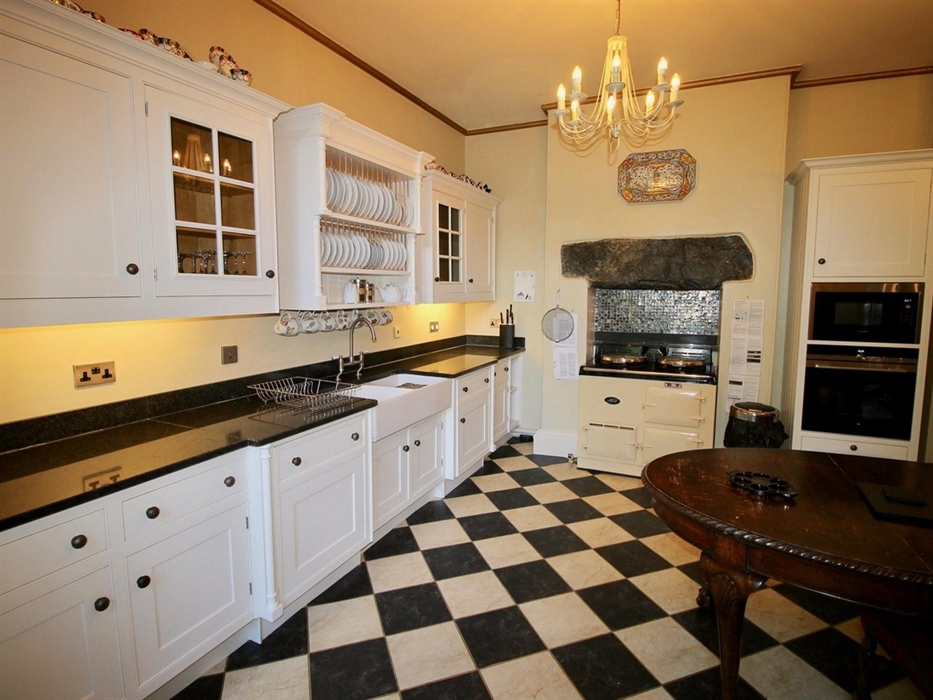 Kitchen at Coedfa with 2 oven Aga, electric wall mounted oven, wall mounted microwave, large freezer, large fridge, dishwasher, undercounted fridge fo