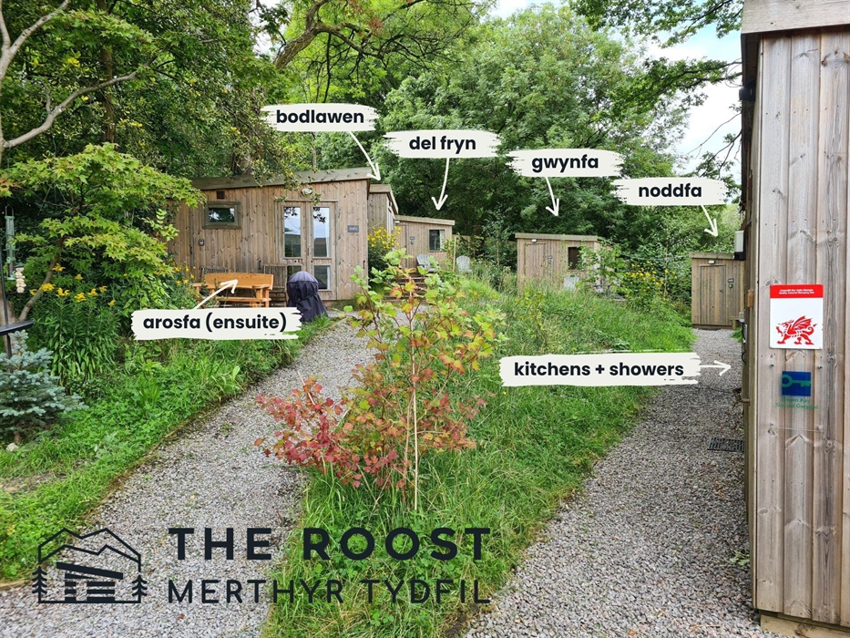 cabins among trees with name labels