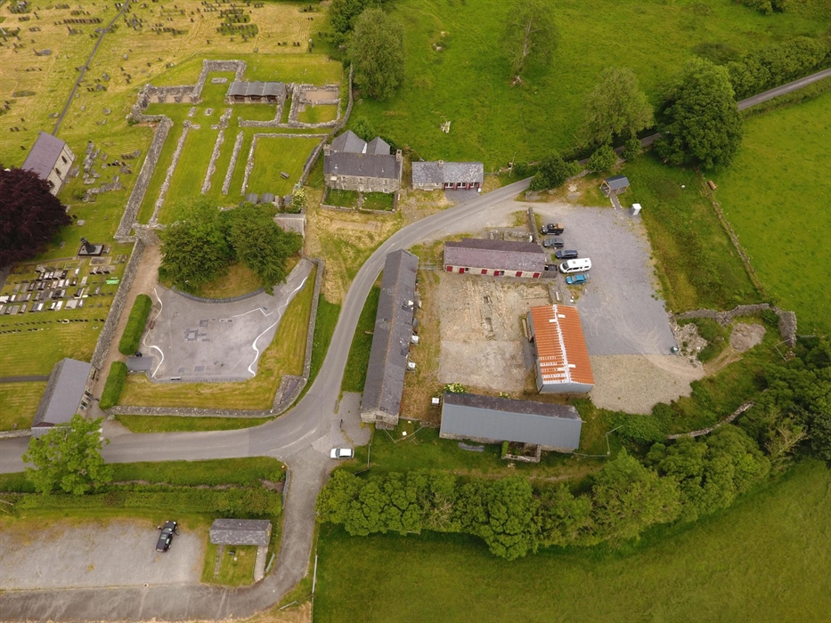 Image from above of Strata Florida, showing the church abbey, farm, exhibition and farm buildings.