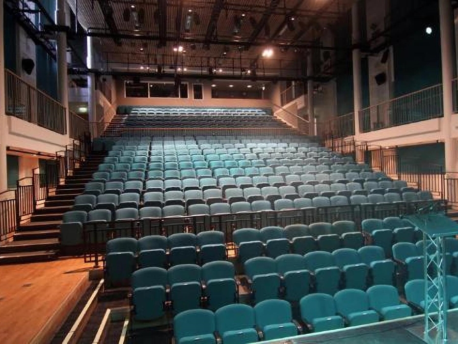 View from stage looking out at raked seating in the main theatre space.