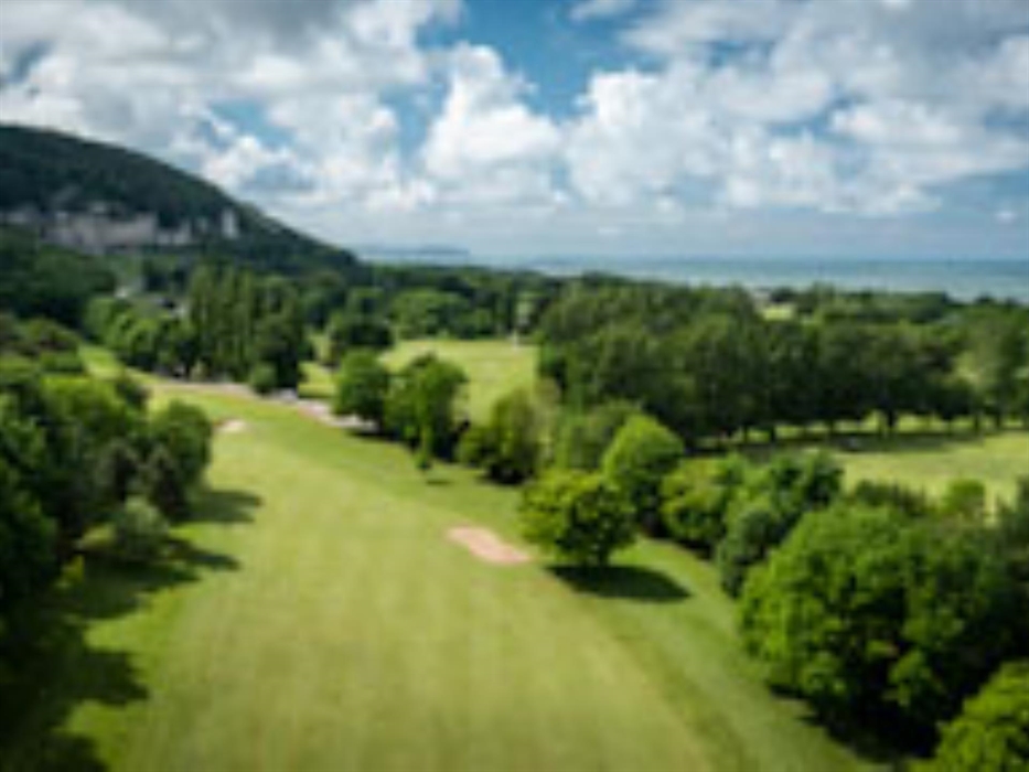 First hole at Abergele Golf Club, overlooking Gwrych Castle.