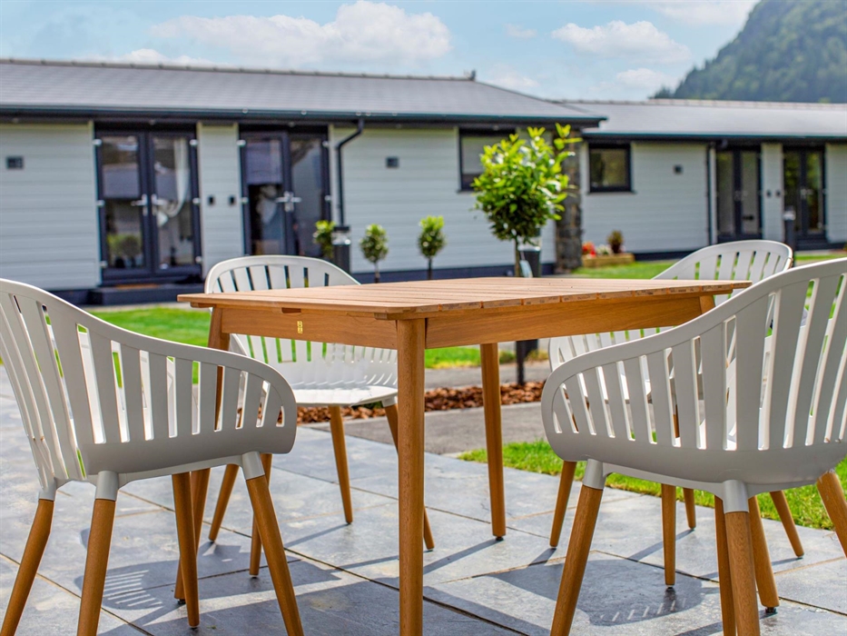 Outdoor dining terrace with lodge, forest and mountain in the background