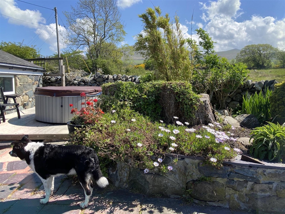 Beudy Bach private hot tub for 2 with 360 views of Caerneddau mountains & Anglesey 
Direct access to walks to Aber Falls