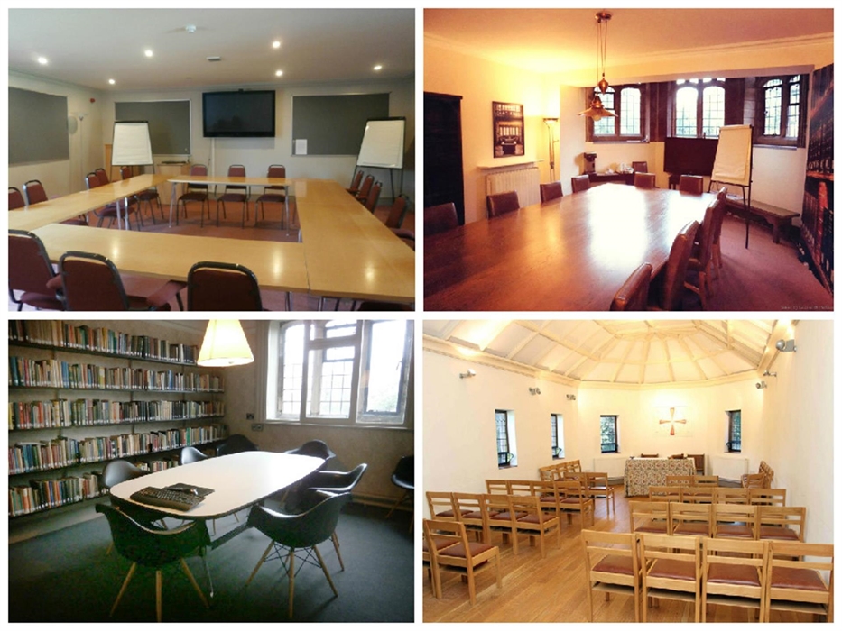Top left: The Glynn Room (the largest conference room, with moveable tables and ceiling spotlights). Top right: The Anwyl Room (12-person conference s