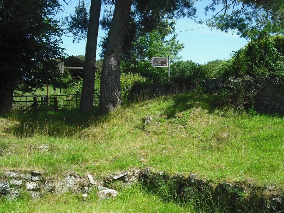 Whitland Abbey ruins and sign