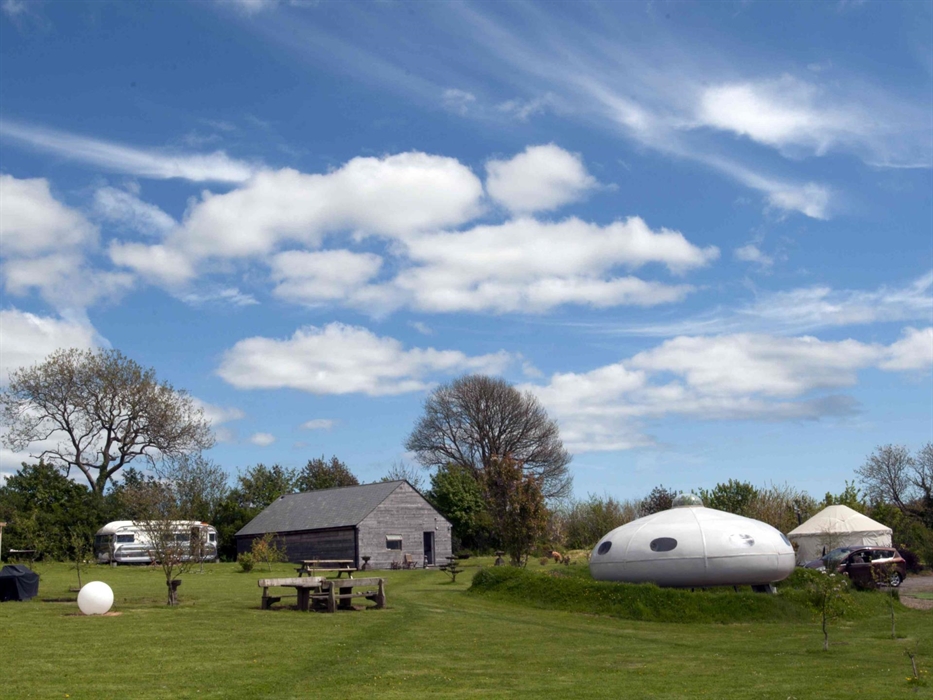 Showmans caravan, shower block, UFO and Yurt