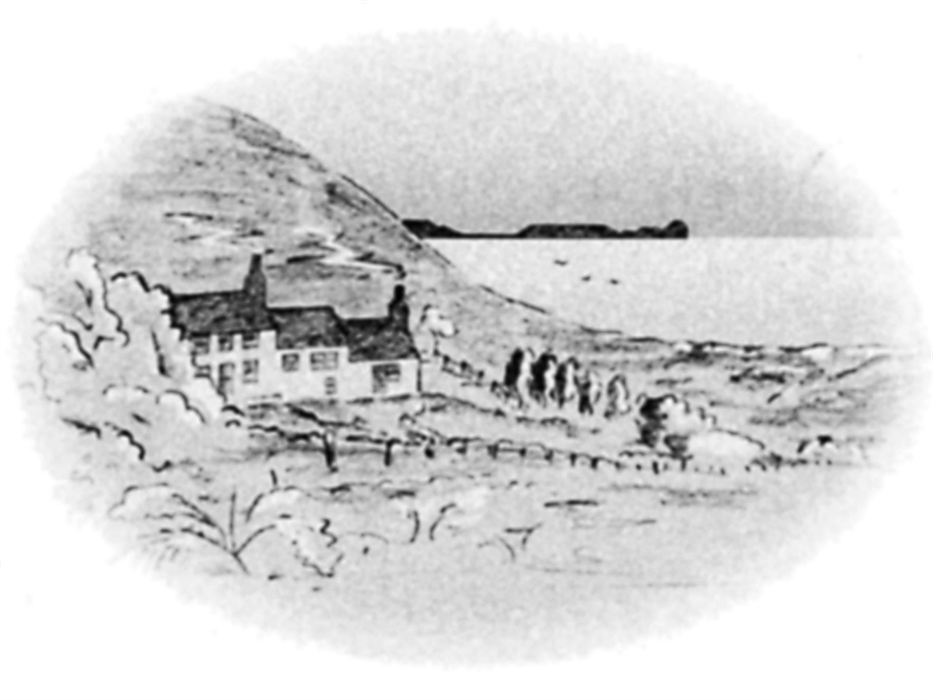 A hand drawing of 'Ceiliog Bach' viewed from the rear hill showing panoramic views of Rhossili and Worms Head.
