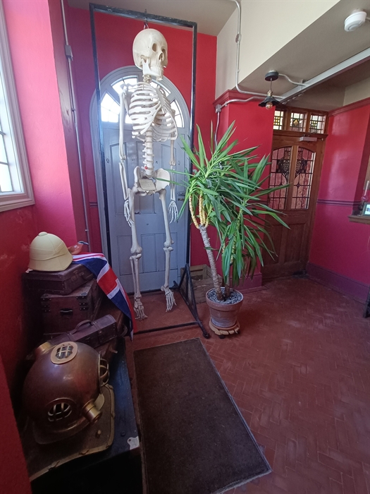 Steampunk Victorian decor with clues at Mansion of Mystery, West Wales.