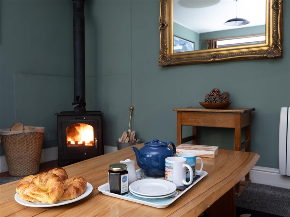 Tea tray in Snowdonia holiday cottage with woodburner