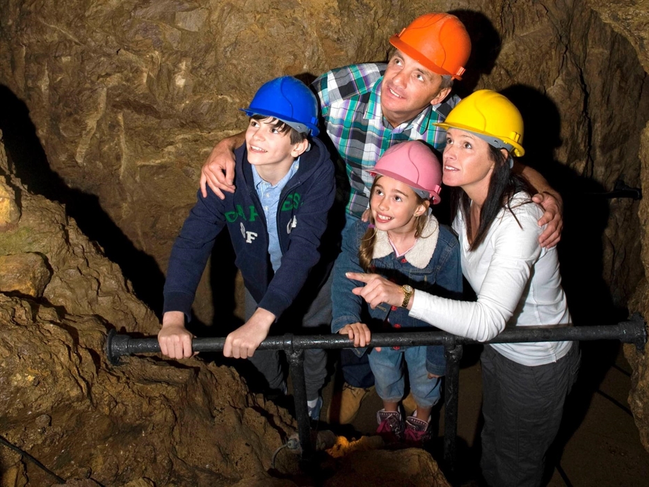 A family looking over a rail at someone just out of shot, all are wearing hard hats.