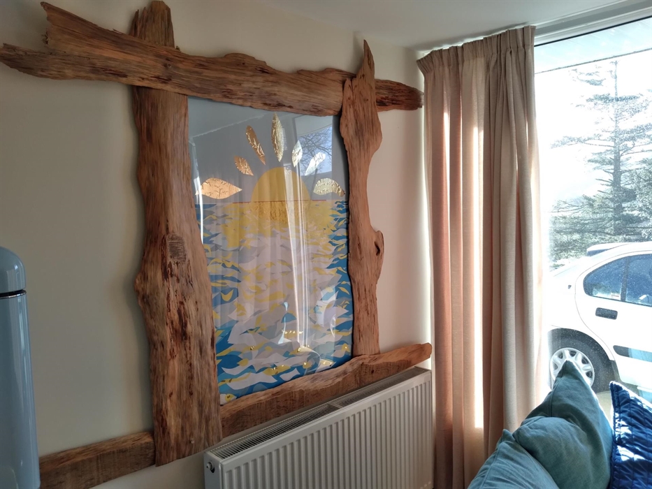 This stunning collage was made by Richard Moss. Recently reframed with driftwood from Tywyn Beach.