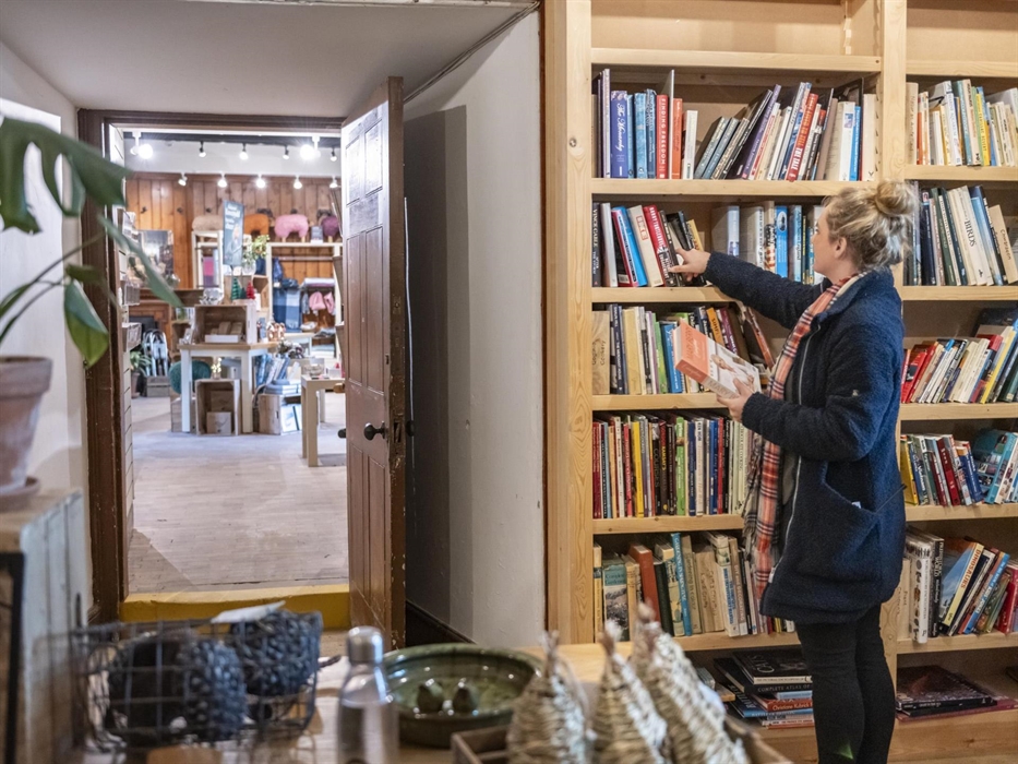 A visitor browsing a range of books on the shelves