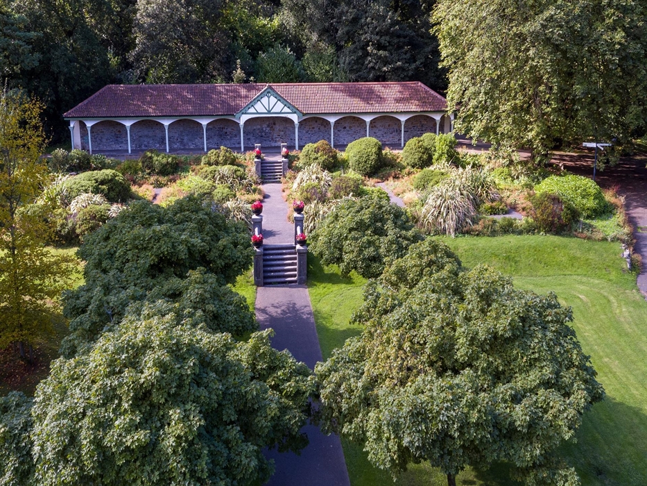 A shot of the Long Shelter where you can sit and relax and take in the gorgeous gardens.  Also a beautiful backdrop for wedding photos.