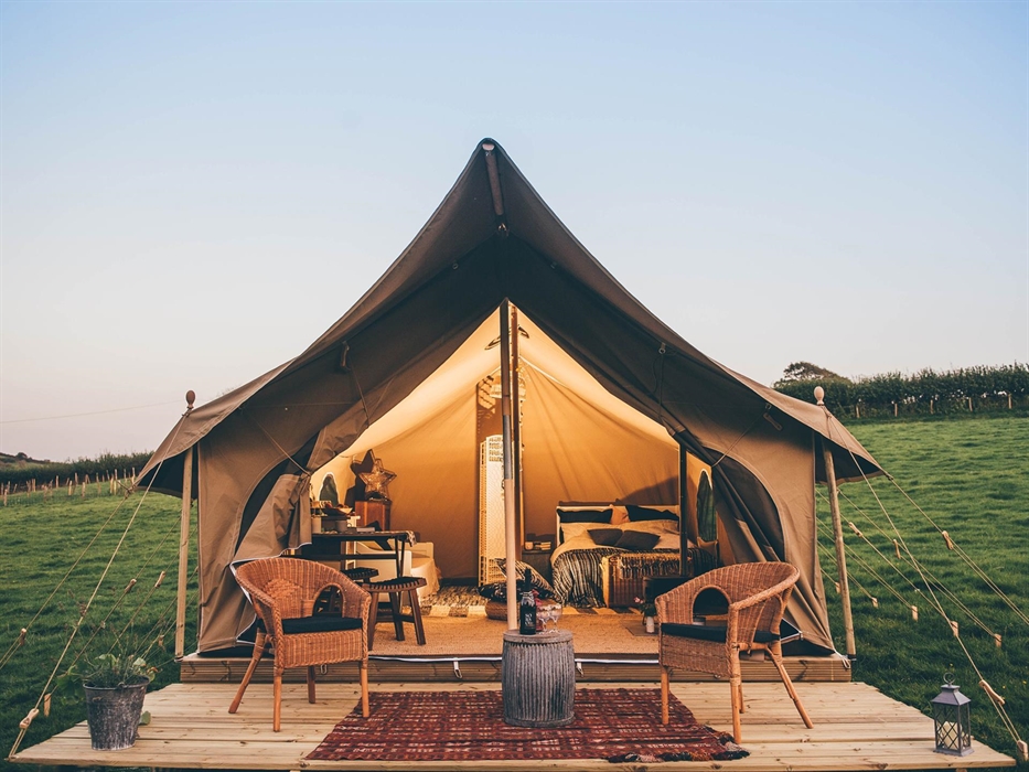Canvas lodge with decking at Nantseren glamping