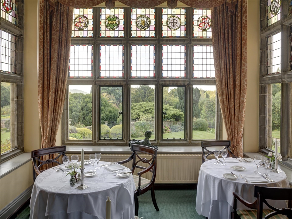 Dining Room Stain glass window overlooking the Formal Gardens.