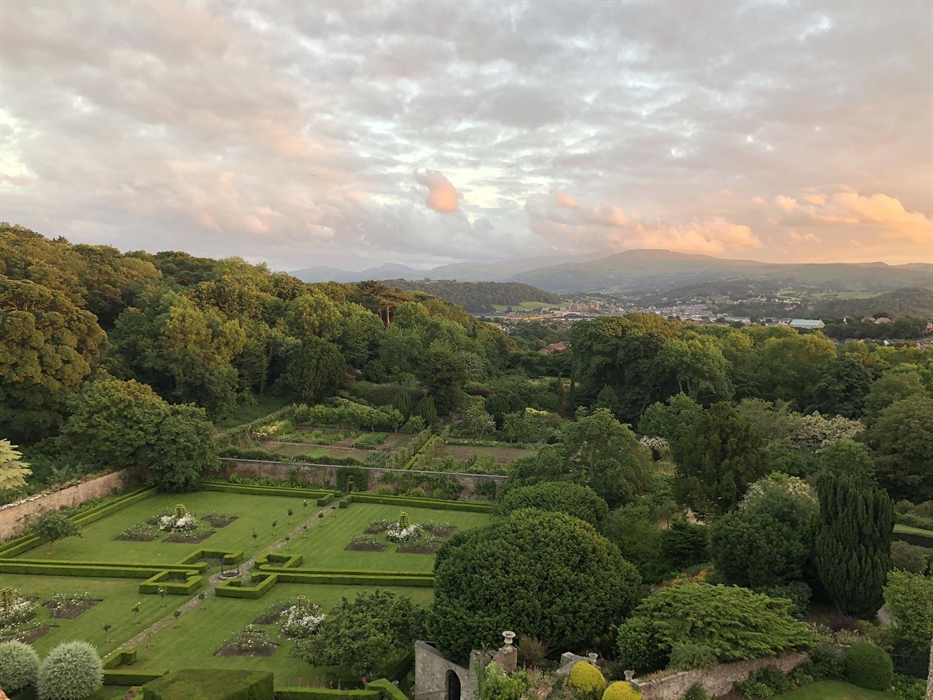 View to Conwy Castle from Bodysgallen at sunset