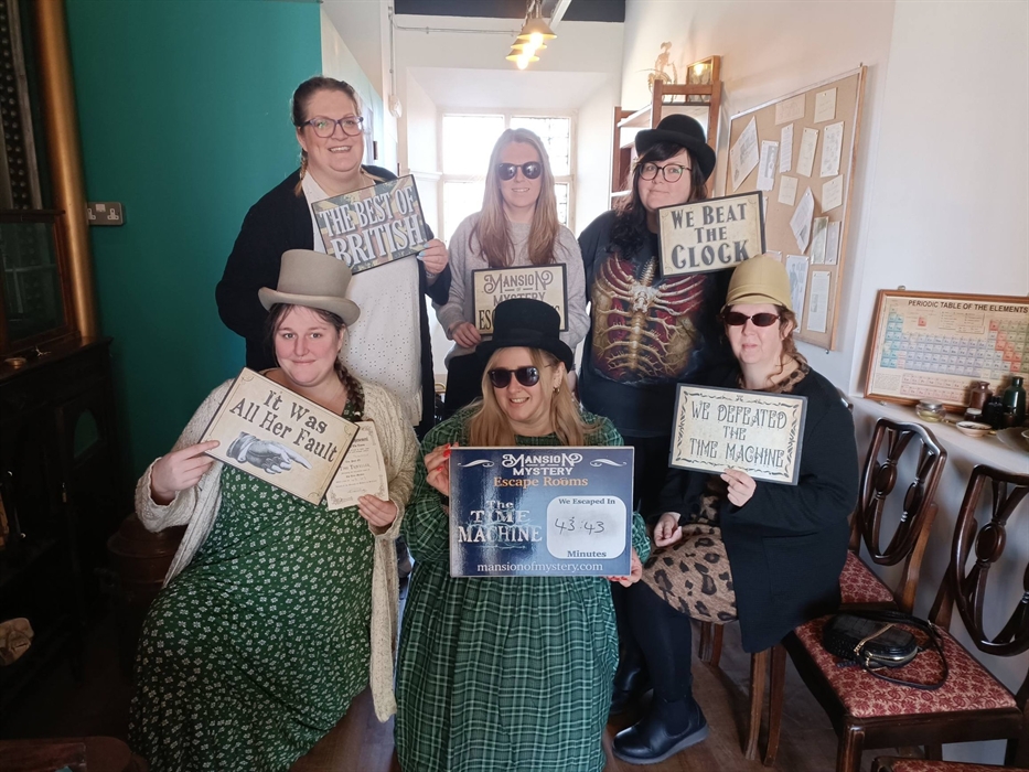 Friends enjoying a girls day out at Mansion of Mystery escape rooms, St Clears West Wales.